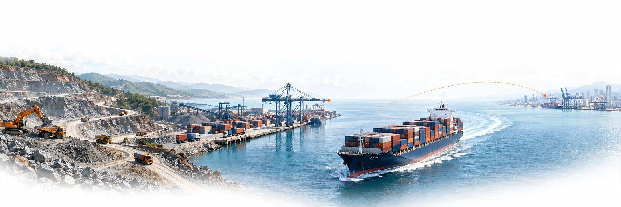 A mine, mineral trucks, an export terminal and a container ship connecting to an overseas port
